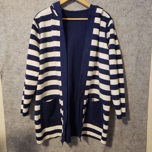 CHICOS Top & Reversible Sweater LARGE BLUE Jacket 2 Pc Pockets Hood -small flaw*